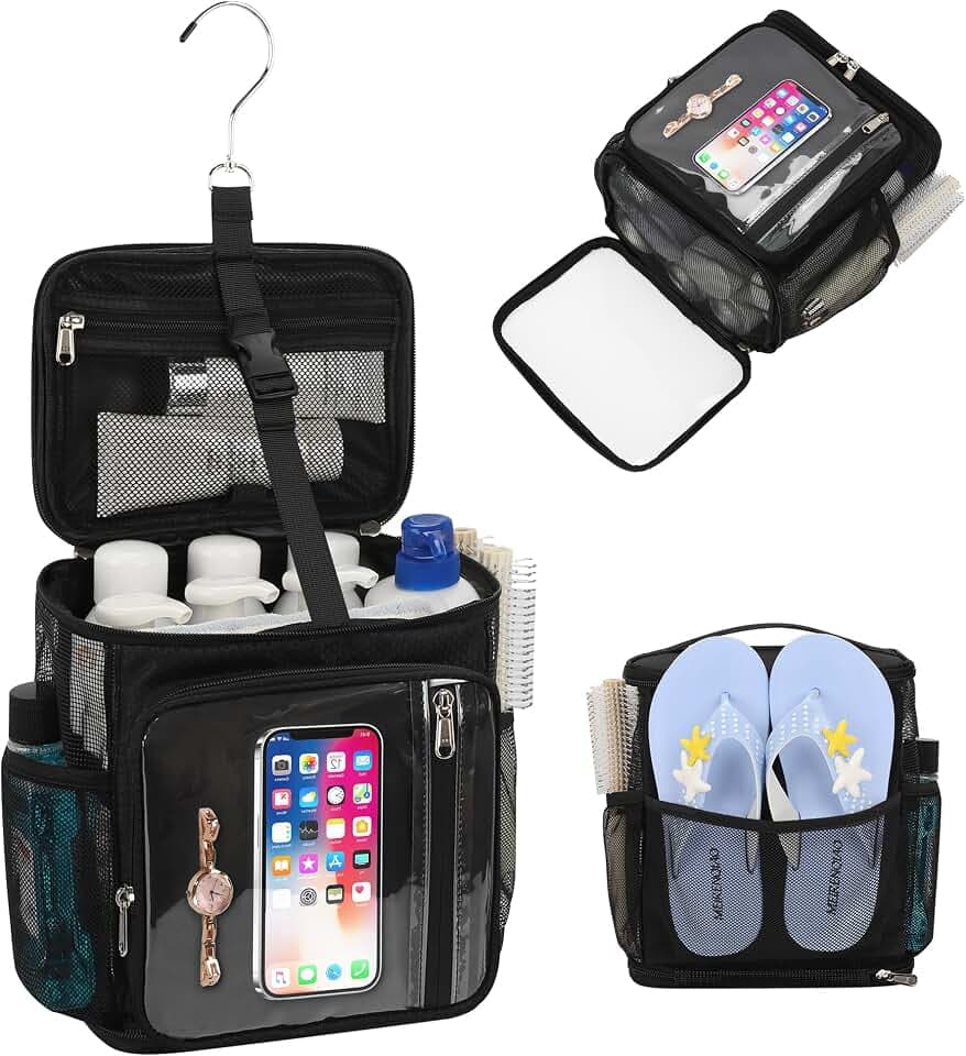 CUBETASTIC Hanging Shower Caddy Portable Bag - Quick Dry Shower Tote for Dorm College Essentials, Water-Resistant Travel Toiletry Bag with Separate Compartment & Multiple Pockets (Black, M)