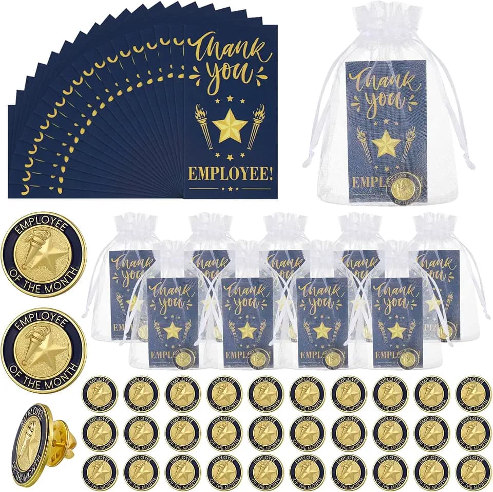50set Employees Recognition Pin Bulk Volunteer Appreciation Gift 50 Card Bag Thank You Difference Employee of the Month Service Certificate Lapel for Coworker Team