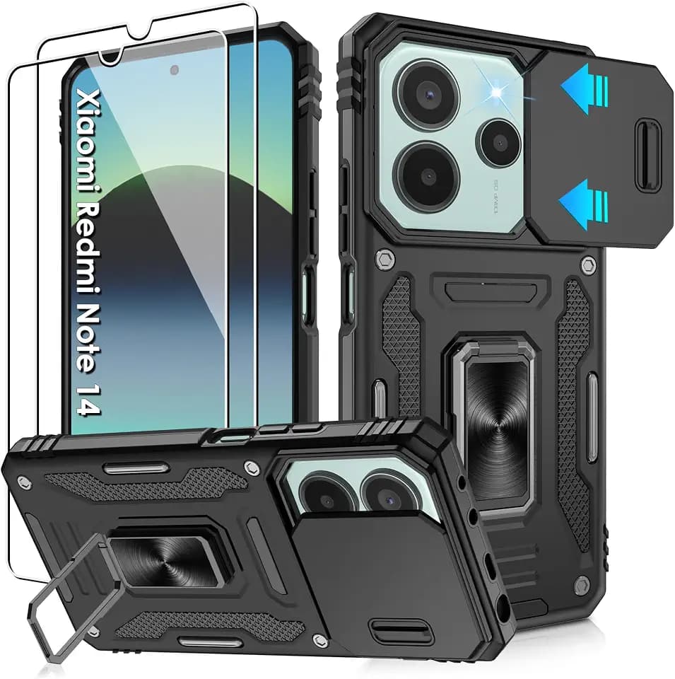 Jshru Handyhülle für Xiaomi Redmi Note 14 4G/5G Hülle (Nicht für EU-Version) Kameraschutz Slide mit 2Stk Schutzfolie, Stoßfest Schutzhülle 360° Ring Ständer Case für Redmi Note 14,Schwarz