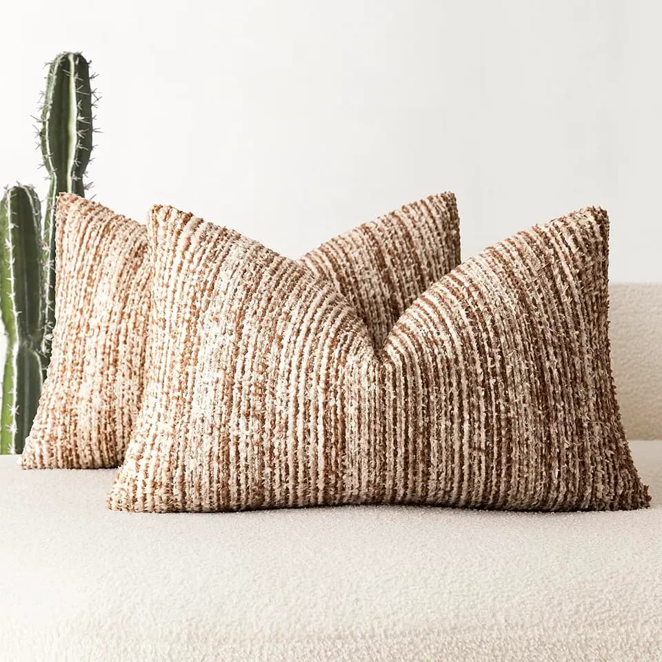 Foindtower Set of 2 Faux Fur Textured Modern Throw Decorative Pillow Covers Lumbar Accent Striped Cushion Sherpa Boho Farmhouse Pillowcase for Couch Sofa Living Room Home Decor 12x20 Inch,Orange Brown