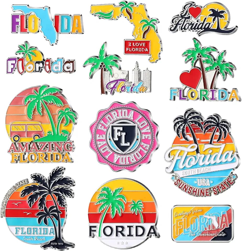 Konohan 12 Pcs Florida Magnets for Refrigerator Metal USA Fridge Magnet Magnetic Florida Souvenirs Gifts USA State Magnetic Refrigerator Stickers, Coconut Tree, Map
