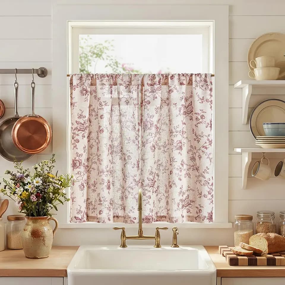 jinchan Floral Linen Kitchen Tier Curtains, 36 Inch, 2 Panels, Maroon