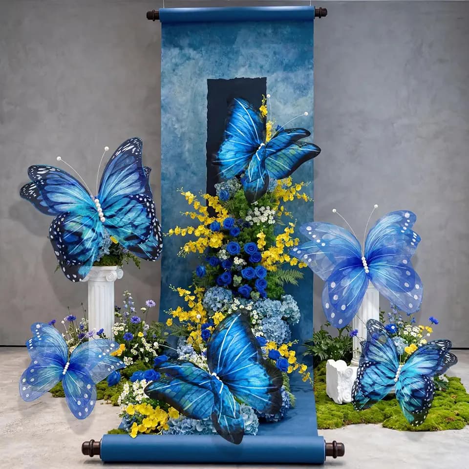 Geelin 6 Pcs Blue Butterfly Decorations 3D Cloth 20" 12" for Wedding