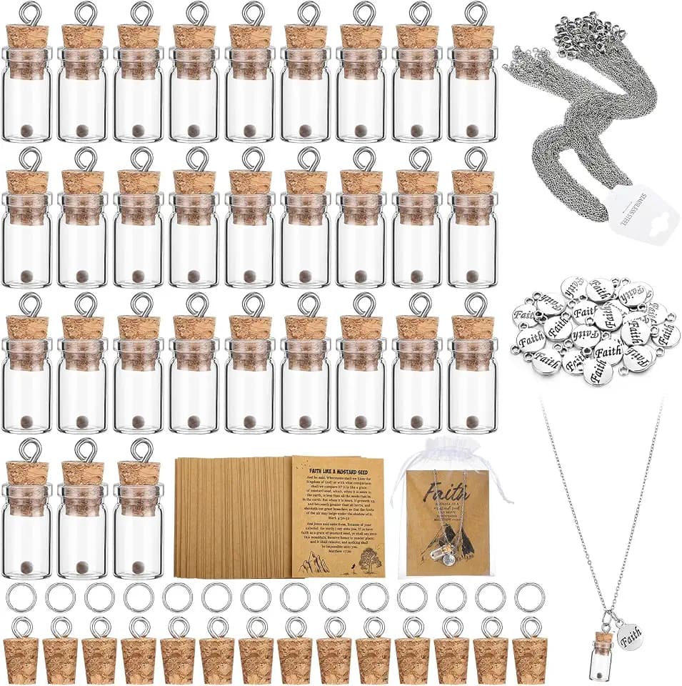 Teenyyou 30 Pcs Mustard Seed Necklace Christian Charms Gifts Faith Necklace Includes 0.5ml Tiny Glass Bottles with Cork and Cards for Woman Church Baptism, Not Include Seeds (Classic)