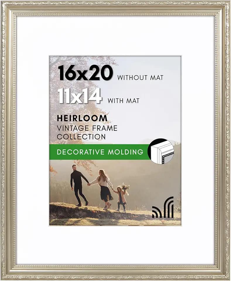 Americanflat 16x20 Picture Frame with Polished Plexiglass - Use as 11x14 Frame with Mat or Display 16x20 Photo Without Mat - Ornate Picture Frames for Wall Display - Silver