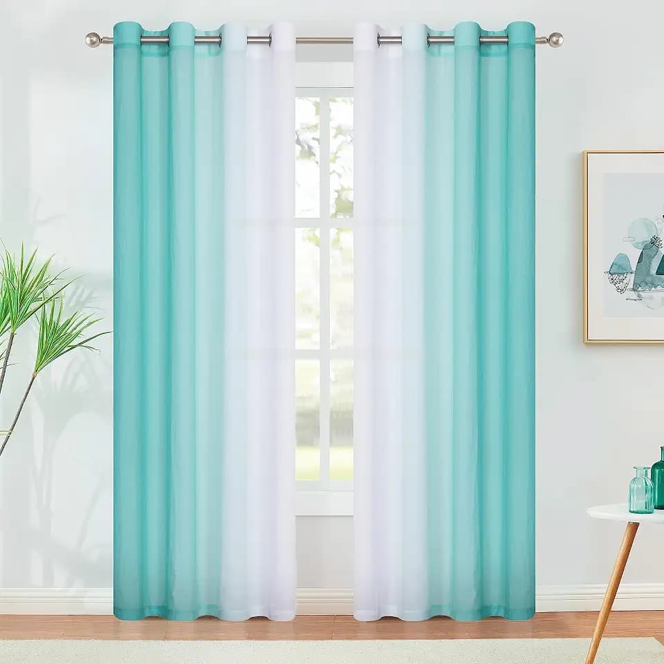 Teal Ombre Chiffon Sheer Curtains 84 Inch Long for Living Room Bedroom