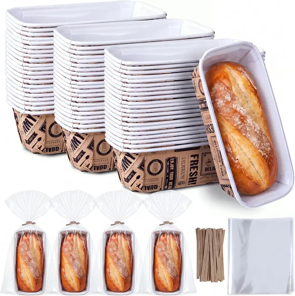 100 Sets Paper Loaf Pans for Baking 6.3 x 2.2 x 2.2 Inch Disposable Paper Baking Pans with Clear Plastic Bags and Kraft Ties Rectangle Cake Mold for Bread Sweets Tea Party (Brown Newspaper)