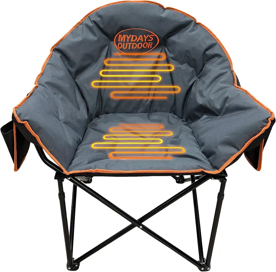 Heated Camping Chair for Adults: 400 lbs Heavy Duty Oversized Camp Chair with Back & Seat Dual-Zone Heat, 2.5 lbs Plush Padded Warm Folding Lawn Chair for Winter Sports Tailgating, Grey