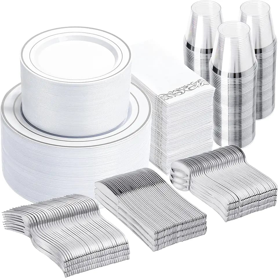 N9R 700PCS White and Silver Plastic Plates, Disposable Dinnerware Set