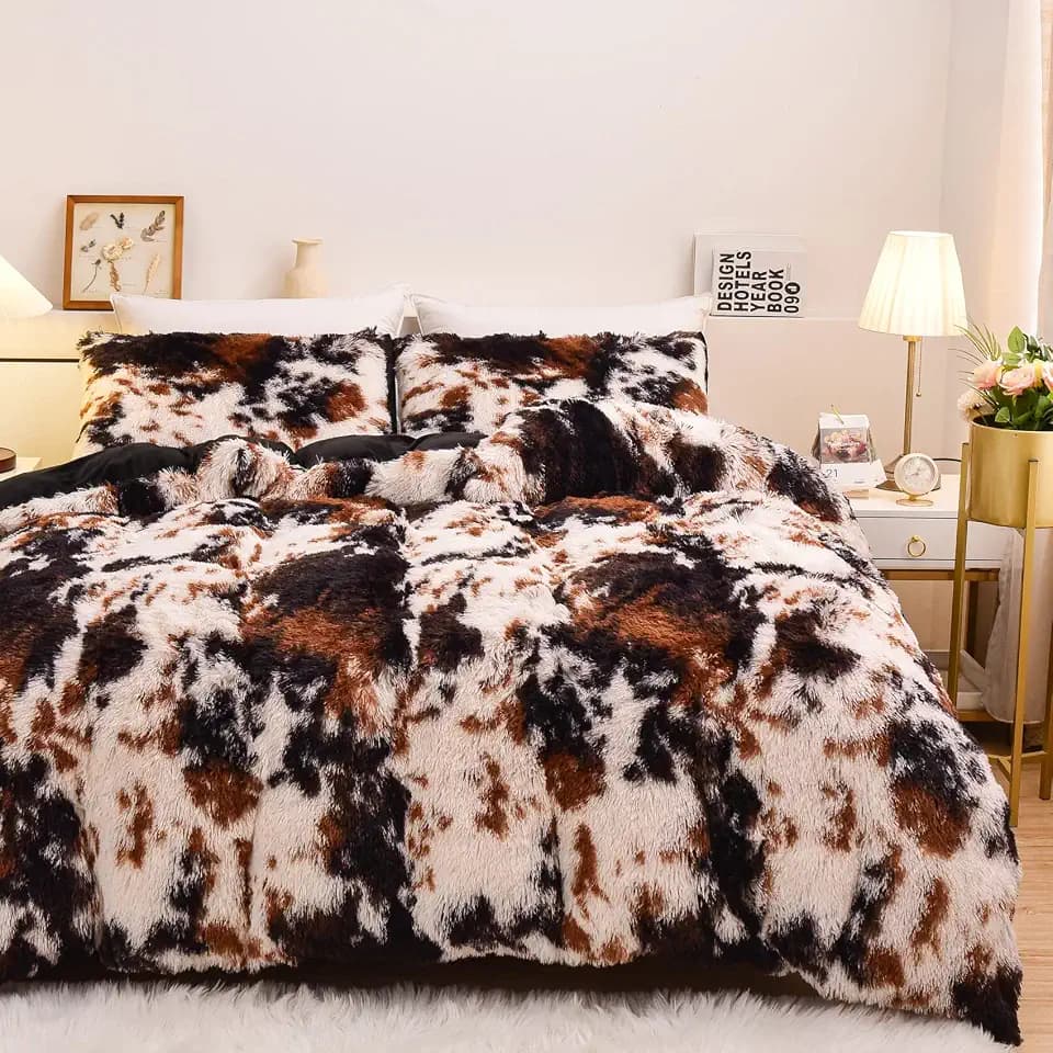 Aimuan Cow Print Duvet Cover Shaggy Fluffy Tie Dye Brown Black Velvet Bedding Set Super Soft Faux Fur Fuzzy Comforter Cover with Pillowcases (Coffee-Black, Full)