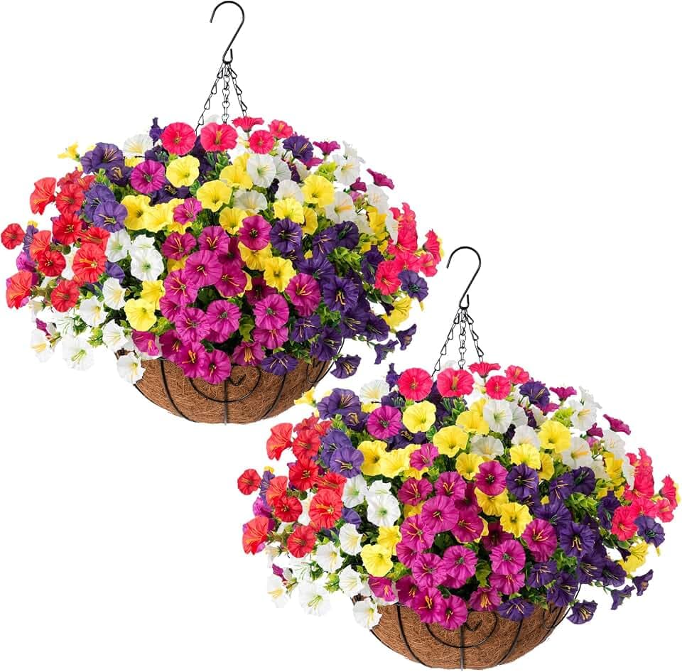 Ivydale 2 Set Artificial Hanging Flowers Fake Plants Baskets for Outdoors Decor, 24 Pcs UV Resistant Faux Morning Glory with 2 Hanging Planters Realistic Silk Flowers for Outside Porch Patio Outdoor