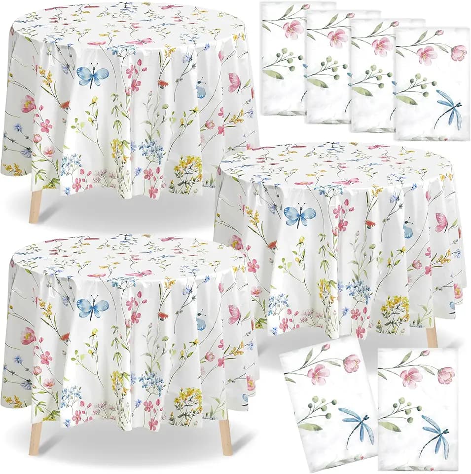 Ganeen 6 Pcs Wildflower Plastic Round Tablecloth 84 Inch Watercolor Floral