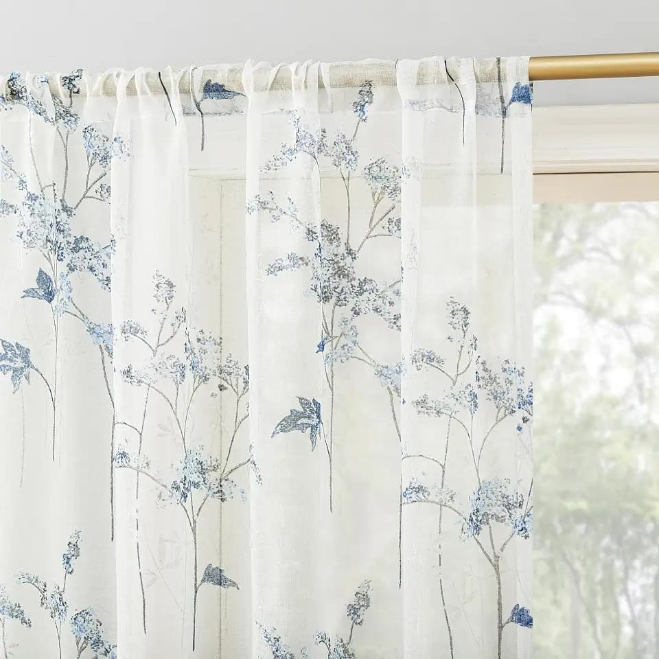 No. 918 Mila Botanical Print Sheer Rod Pocket Curtain Panel, Blue, 50" W x 84" L (1 Panel)