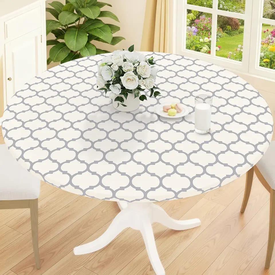 Smiry Round Picnic Tablecloth, Waterproof Elastic Fitted Table Covers for 42" - 50" Tables, Wipeable Flannel Backed Vinyl Tablecloths for Camping, Indoor, Outdoor, Beige & Grey