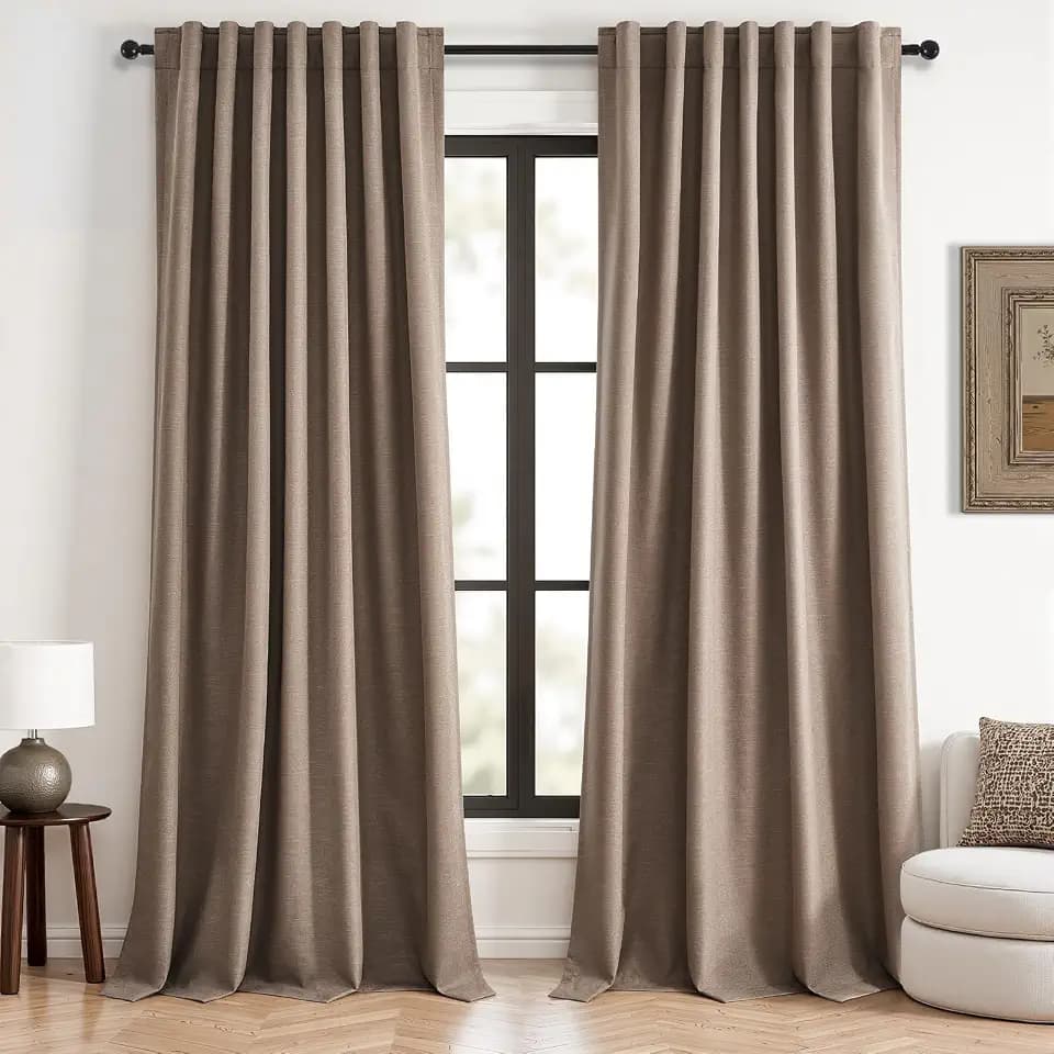 96 inch long linen blackout curtains 2 Panels 100% Black out Linen texture Curtain Modern Farmhouse Dark Flax Window Drapes with Back Tab Rod Pocket Room Darkening Thermal for Bedroom Living Room