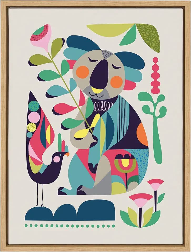 Kate and Laurel Sylvie Mid Century Modern Koala Framed Canvas Wall Art by Rachel Lee of My Dream Wall, 18x24 Natural, Abstract Colorful Animal Art for Wall
