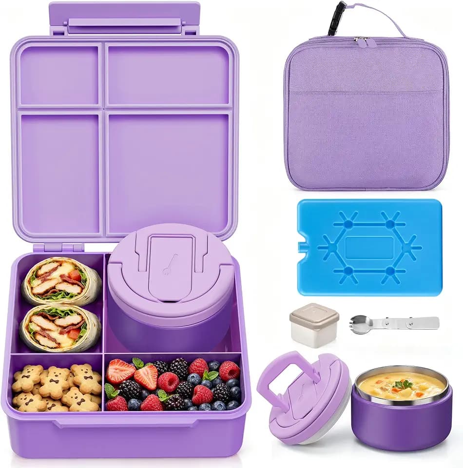 MAXSO Bento Lunch Box Set with 8 oz Soup Thermo, Kids Leakproof 4 Compartments Hot Food Container with Sauce Cup, Ice Pack and Lunch Bag, Child Insulated Food Jar for School - Purple