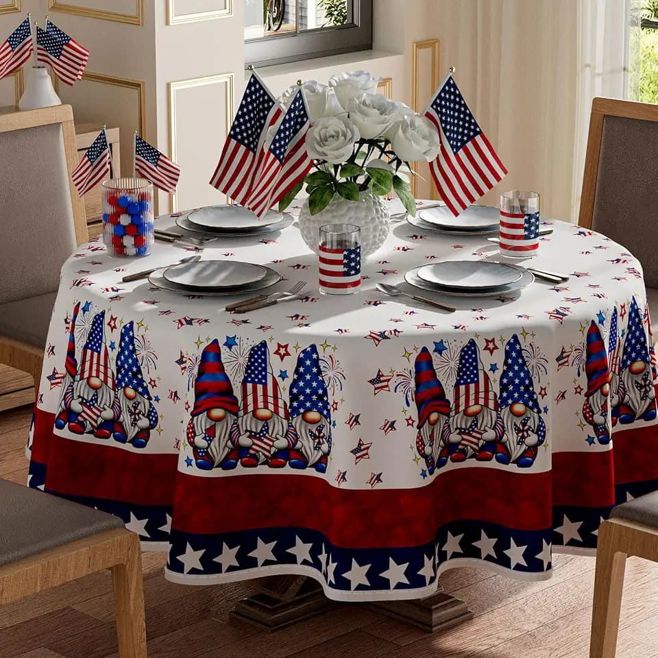 XCHI Gnomes Stars Patriotic America 4th of July Memorial Day Independence Day Tablecloth Round Washable Table Covers for Home Party Decorations 60x60 Inch