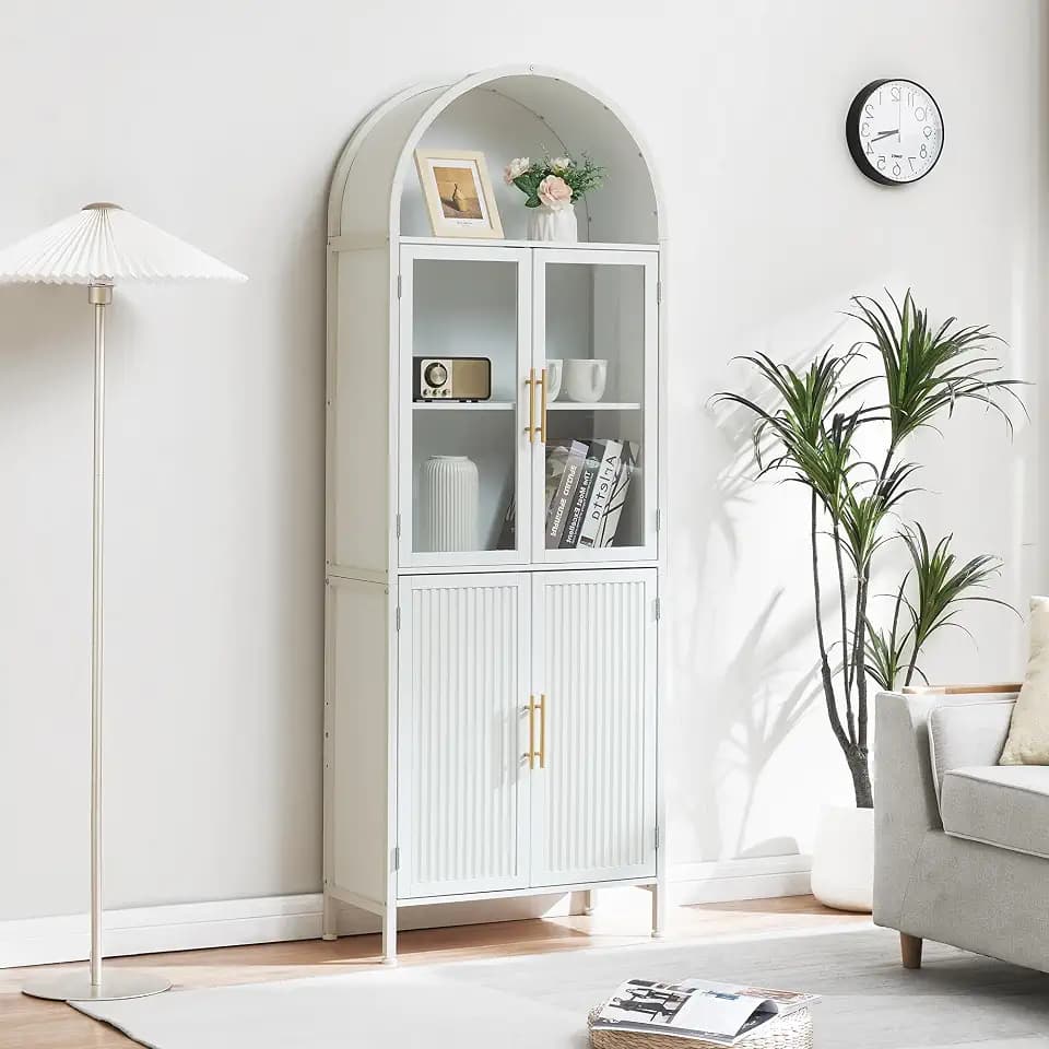 Arched Bookcase with Glass Doors, 5-Tier Tall Book Shelf, White