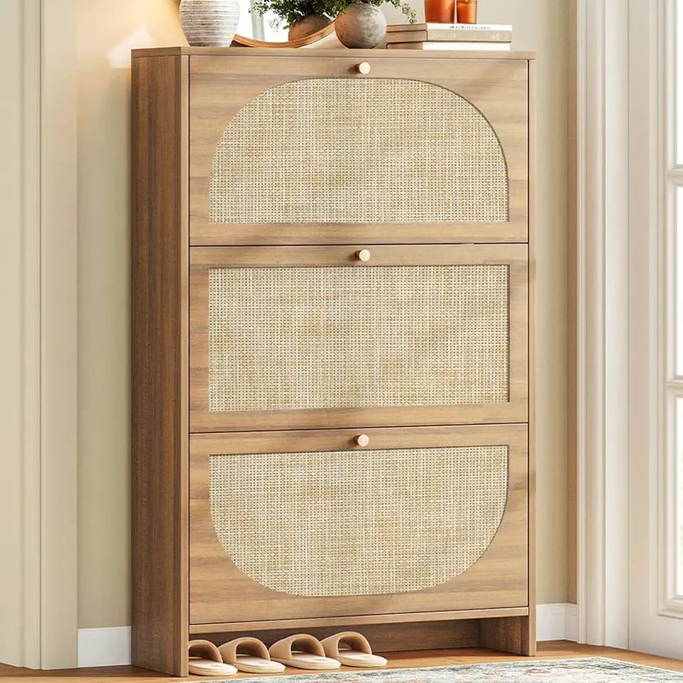 Nicetree Shoe Storage Cabinet for Entryway, Slim Arched Rattan Accent Shoe Cabinet with 3 Flip Drawers & 3-Tier Adjustable Shelves, Modern Boho Shoe Storage Cabinet, Narrow Shoe Rack for Small Spaces