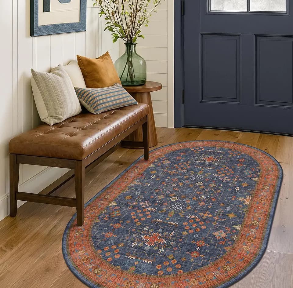 Large Oval Rugs 3x5 for Entryway - Non-Slip Machine Washable, Throw Rugs for Kitchen, Floor Mat, Laundry Room - Stain Resistant Non-Skid Rubber Backing, Tribal Farmhouse Décor (3x5 Navy Blue)