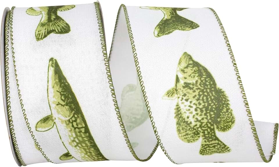 Reliant Ribbon Fresh Water Fish Linen Wired Edge, White/Green, 2-1/2 Inch, 10 Yards