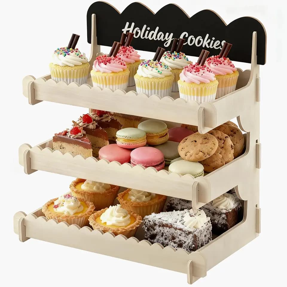 Cookie Display Stand 3 Tier Cupcake Stand Wooden Cookie Stand Tiered Dessert Stands Cupcake Display with Chalkboard Sign for Bakers, Vendors, Market Booths, Craft Fairs, Events (Wood Color)