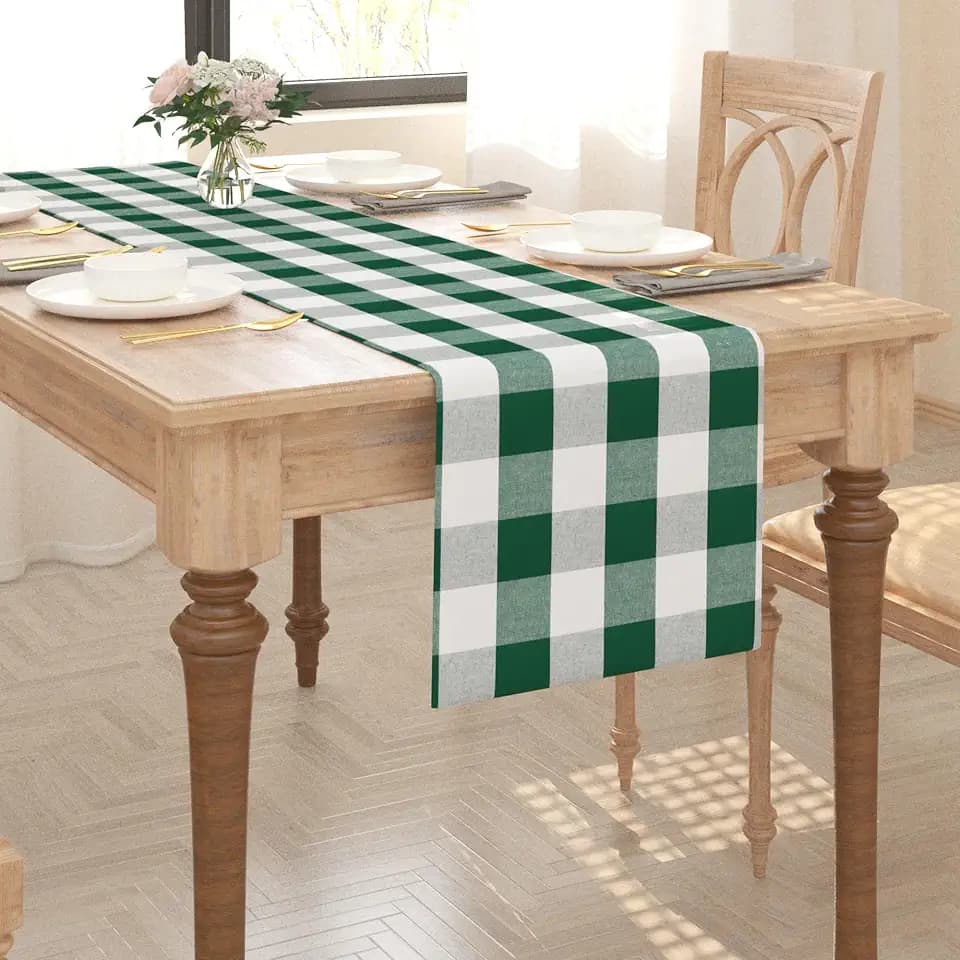 Cotton Dark Green & White 2 Side Buffalo Check Farmhouse Table Runner for Family Dinners or Gatherings Indoor or Outdoor Parties Everyday Use 12" x 90"