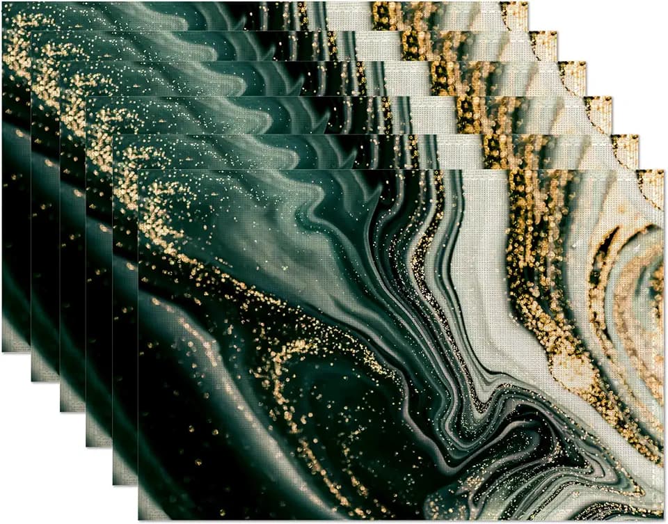 Placemats,Green Gold Flowing Marble Placemats 12x18 Inch Waterproof Non-Slip Washable Table Mats for Kitchen Dining Party Table Decor,Set of 6