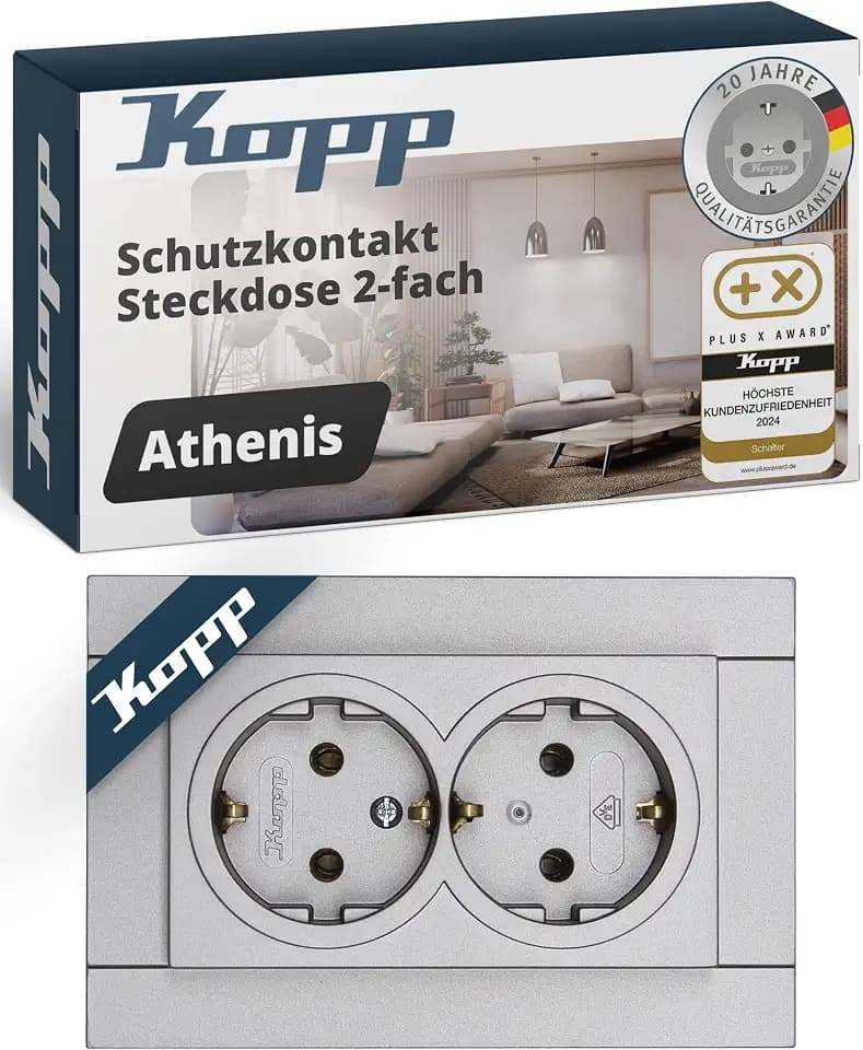 Kopp ATHENIS 2-fach Schutzkontaktsteckdose in Stahlfarben - Unterputz-Steckdose für Einbau in 1-fach Schalterdose - IP20 Einbausteckdose ohne Berührungsschutz - Steckdosen-Unterputz 16A & 250V~