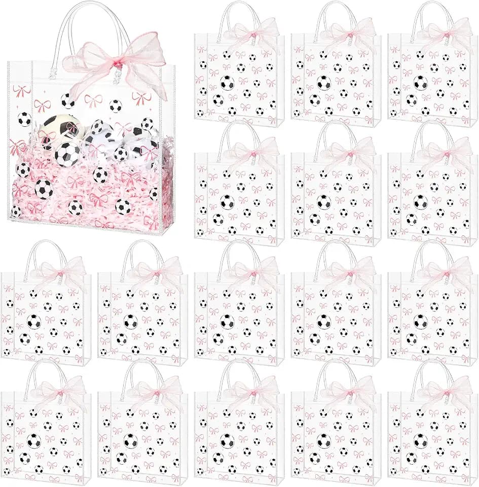 Sweetude 24 Pcs Soccer Clear Treat Bags with Handles Bulk Soccer Goodie Bags Sport Theme Party Gift Favor with Pink Bow Ribbon for Girl Youth Team Snack Birthday Gifts 7.9 x 7.9 Inch