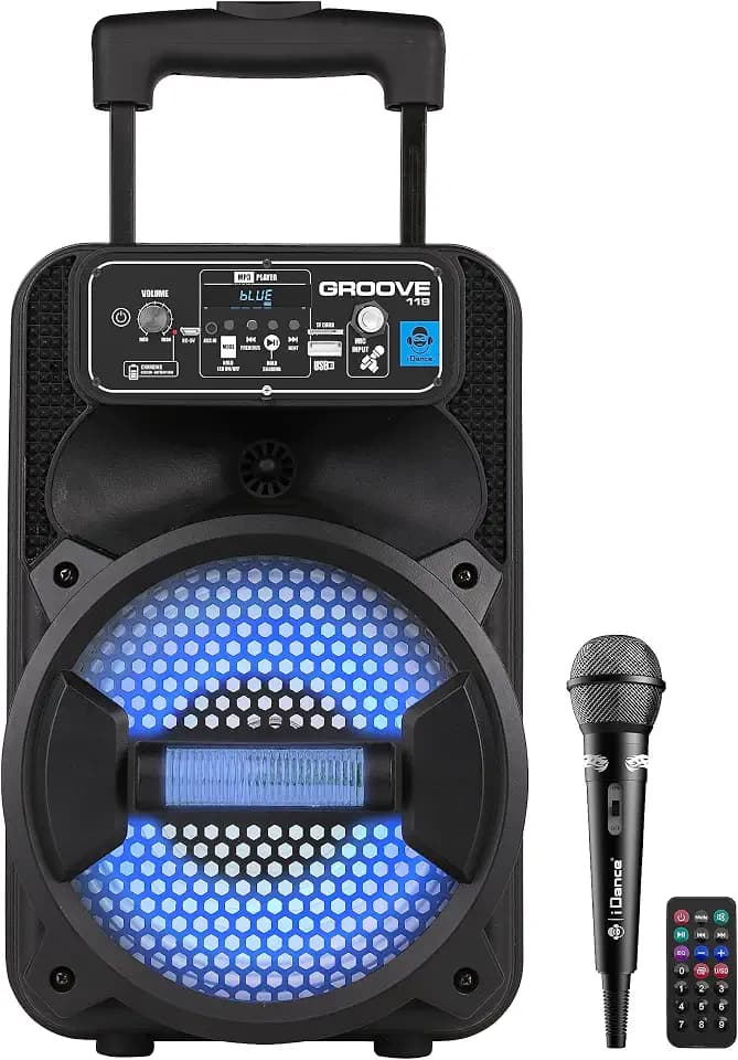Cefa Toys Tragbarer Bluetooth-Lautsprecher mit Mikrofon, Fernbedienung, Akku, LED-Beleuchtung, MP3-USB-Produkt, Teleskopgriff und Räder, 100 Watt.