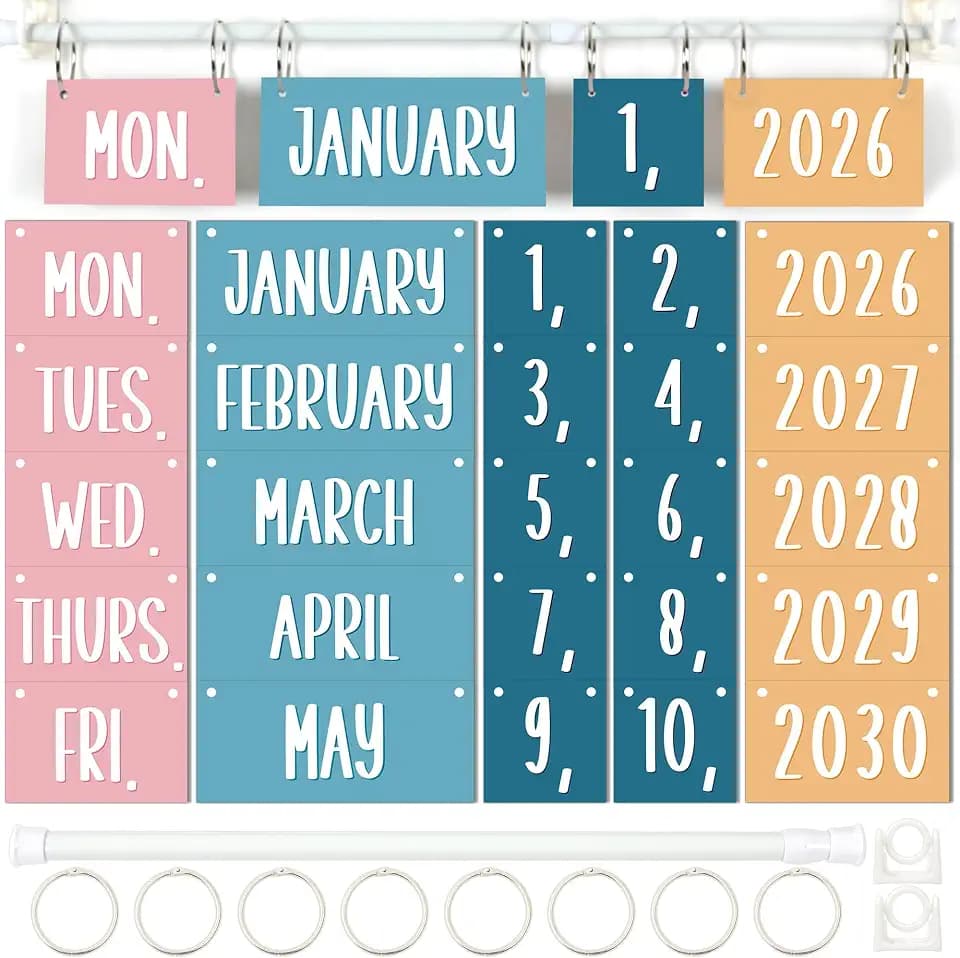 Boho Flip Calendar for Classroom Decor Bulletin Board 2026 to 2030 Years Date Cards and Adjustable Rod Boho Rainbow Calendar Chart Class Whiteboard for Home Elementary School Teacher Organization