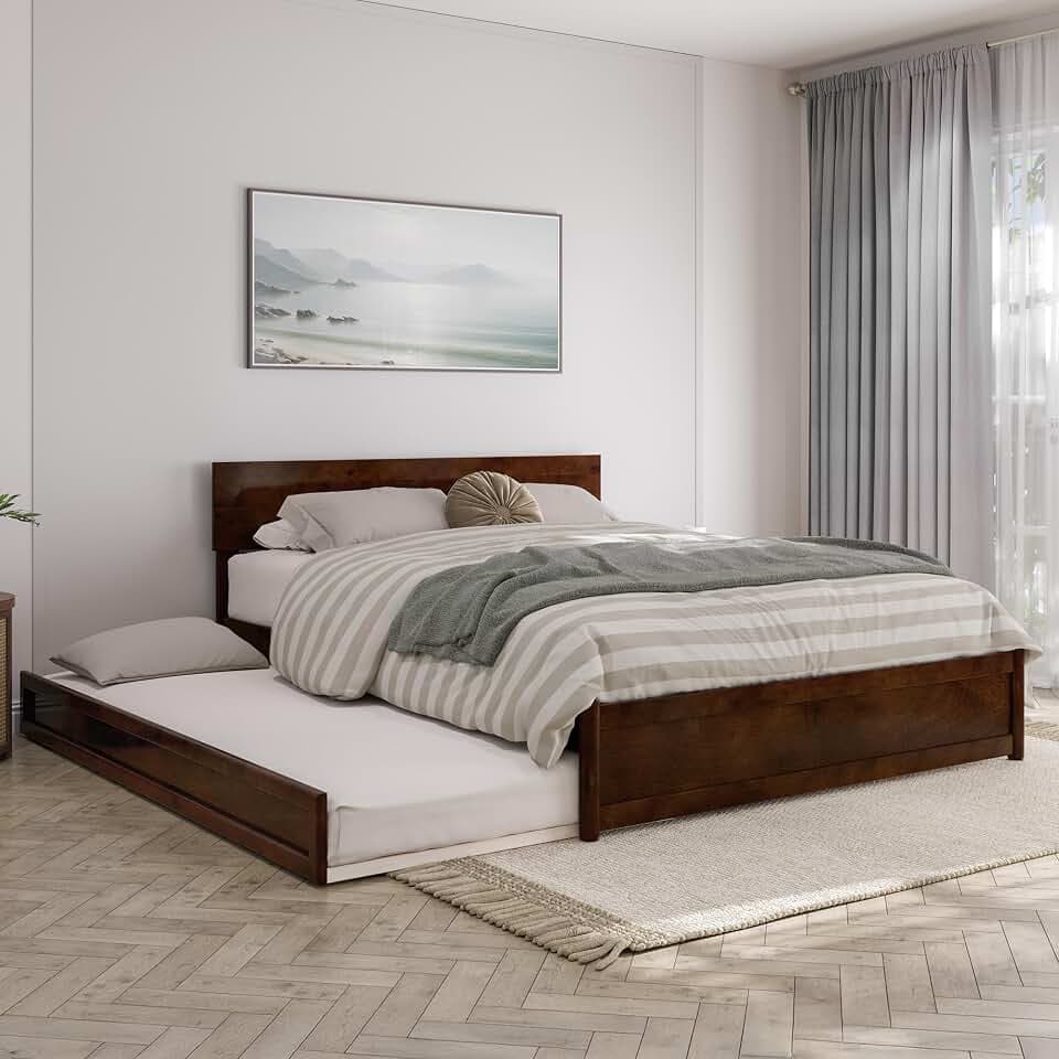 AFI, Wesley Queen Platform Bed with Panel Footboard & Twin XL Trundle, Walnut