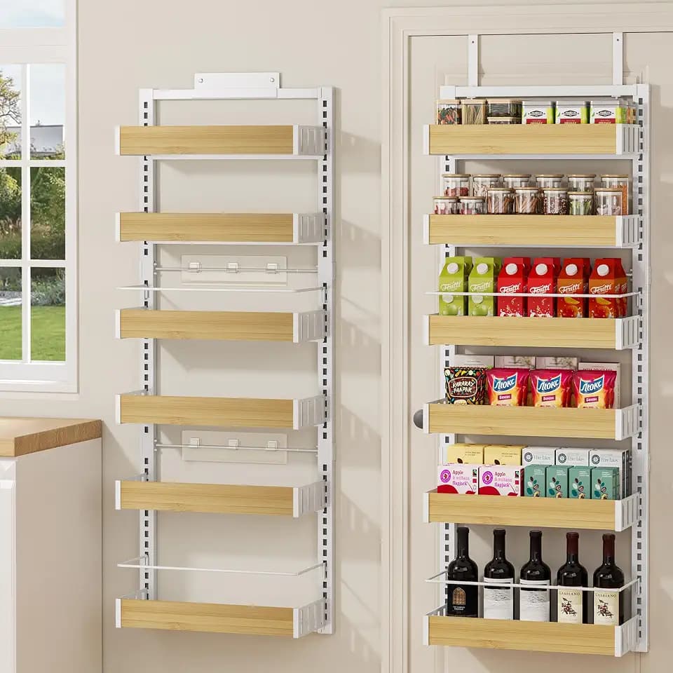 POKIPO 6 Tier Over The Door Pantry Organizer, 2-in-1 Door Hanging or Wall Mounted Spice Rack, Large Heavy Duty Pantry Door Storage Seasoning Shelves with Adjustable Basket for Kitchen Bathroom Closet