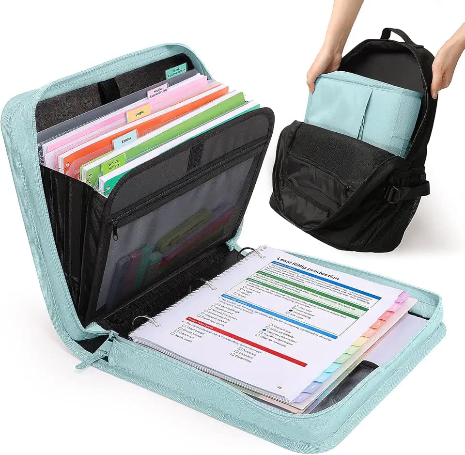 SUNEE Zipper Binder with Handle, 1.5 Inch O-Ring, 325 Pages Capacity, with 5-Tab Expanding File Folder for Classified Storage, Small Size Lightweight Zipper Bag, Sky Blue