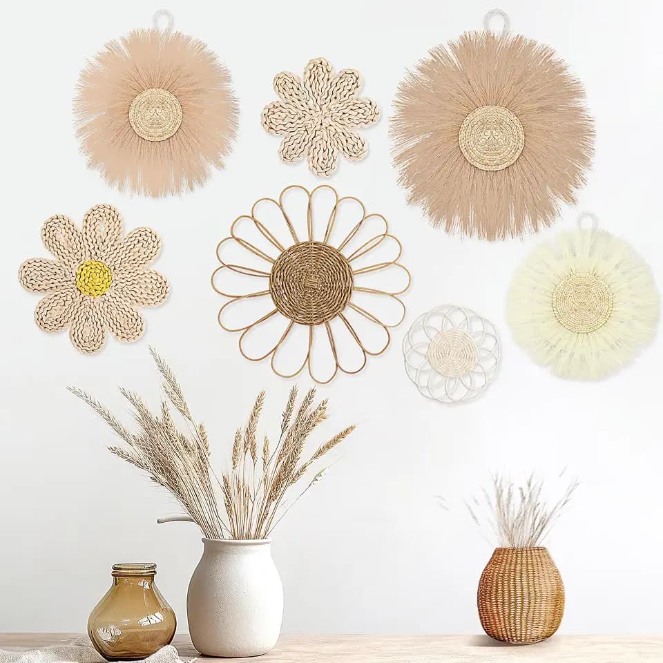 Chunful 7 Pcs Boho Wall Basket Decor Rattan Flower, Light Beige Yellow