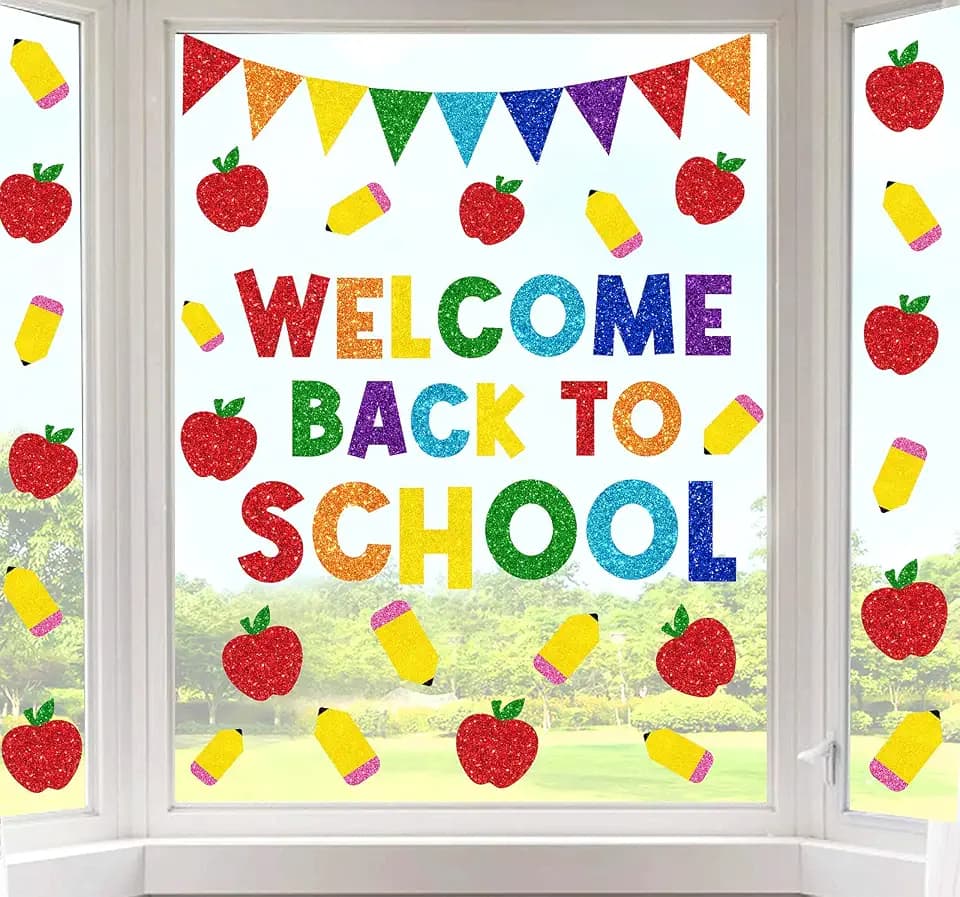 Whaline 9 Sheet Welcome Back to School Window Clings Sparkly Colorful Pencil Apples Reusable Window Decals for First Day of School Party Supplies Classroom Nursery Home Glass Decor