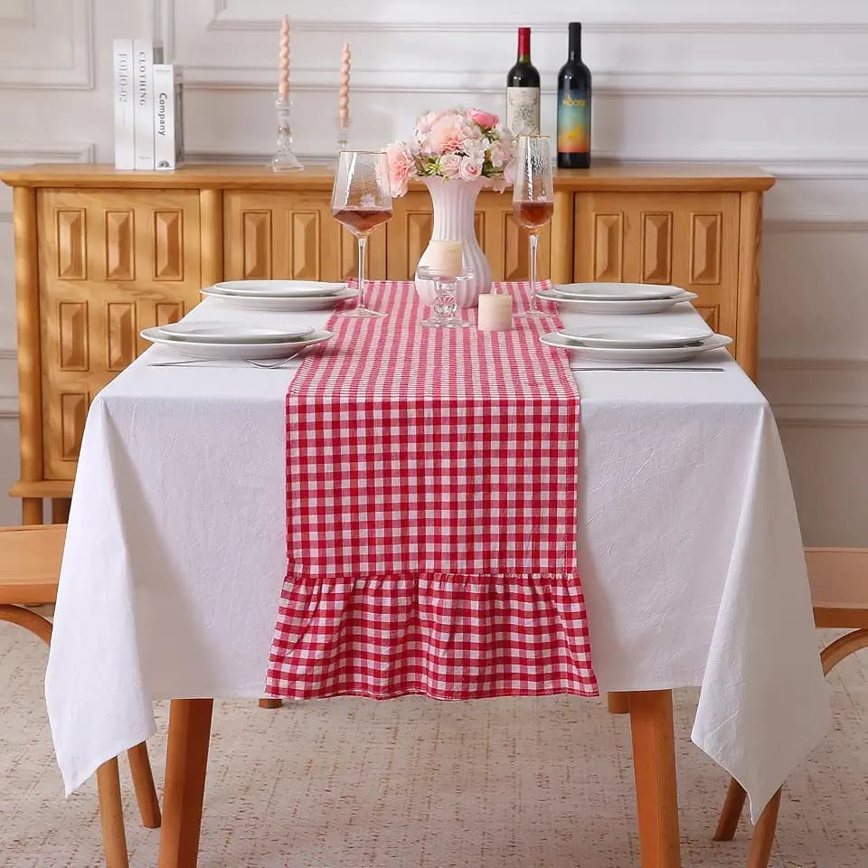 Red White Plaid Gingham Ruffle Table Runner Cabinet Cover 13"x108"