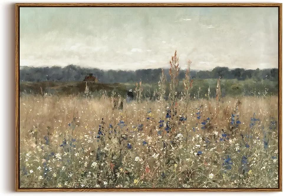 KISSFOX Vintage Framed Wall Art Decor Modern Farmhouse Pictures Paintings Wall Decor Rustic Wildflower Field Landscape Canvas Art Prints Serene Countryside Artwork For Bedroom Bathroom Living Room