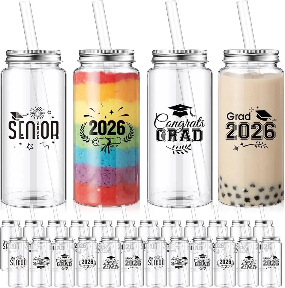 48 Pcs Graduation Plastic Cups with Lid and Straws, Black