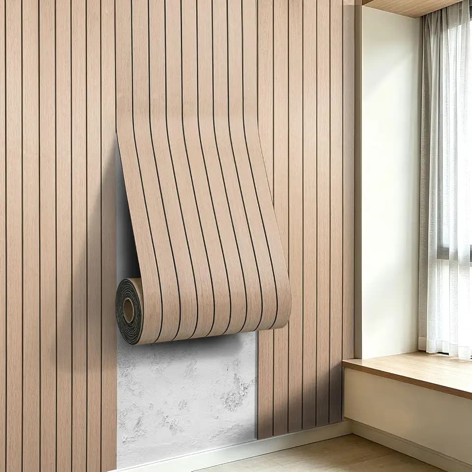 3D Peel and Stick Wall Panels PVC Grille Slat 394"x15.8" Self-Adhesive Wall Sticker Soundproof Paneling for Walls and Ceiling in Faux Oak Wood Grain Texture