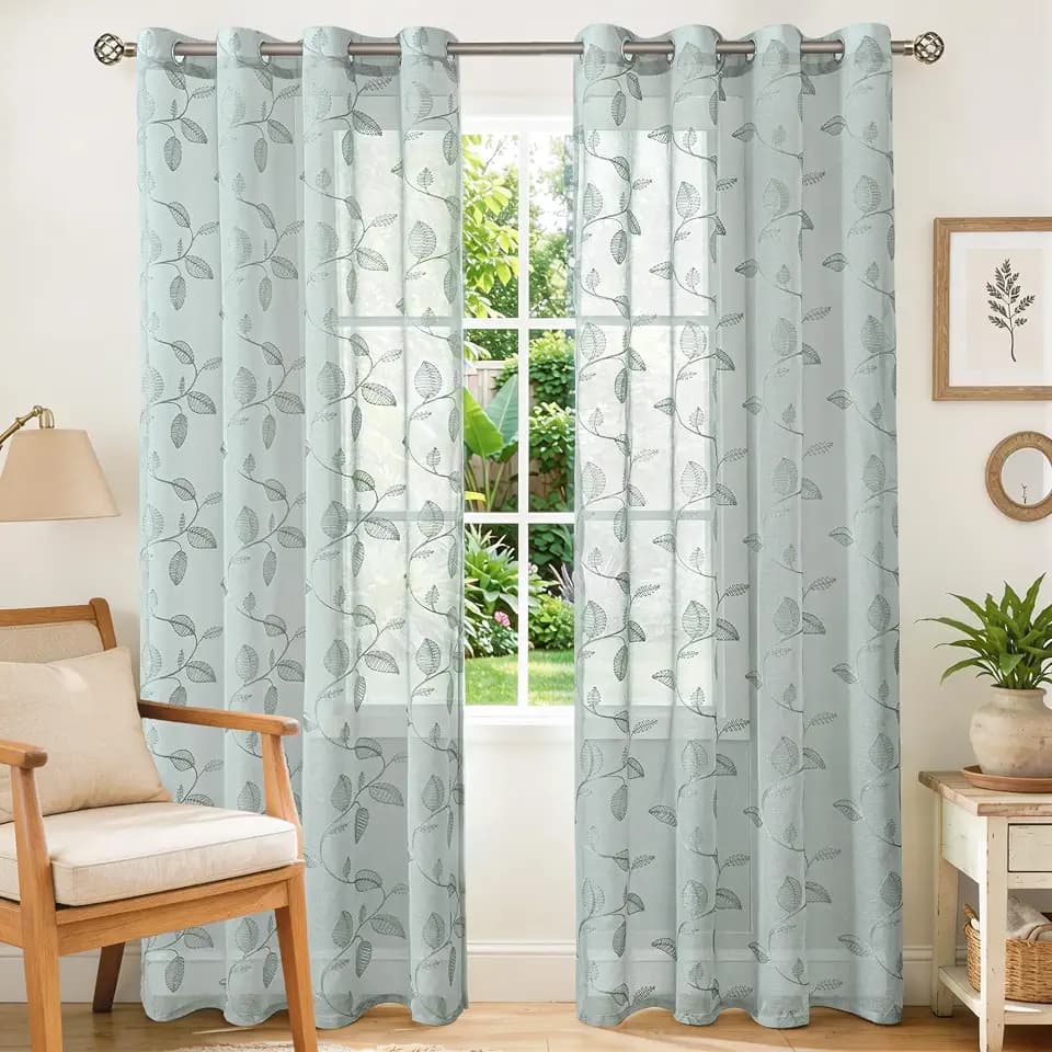BGment Sage Green Leaf Sheer Curtains 84 Inches Long Living Room 2 Panels