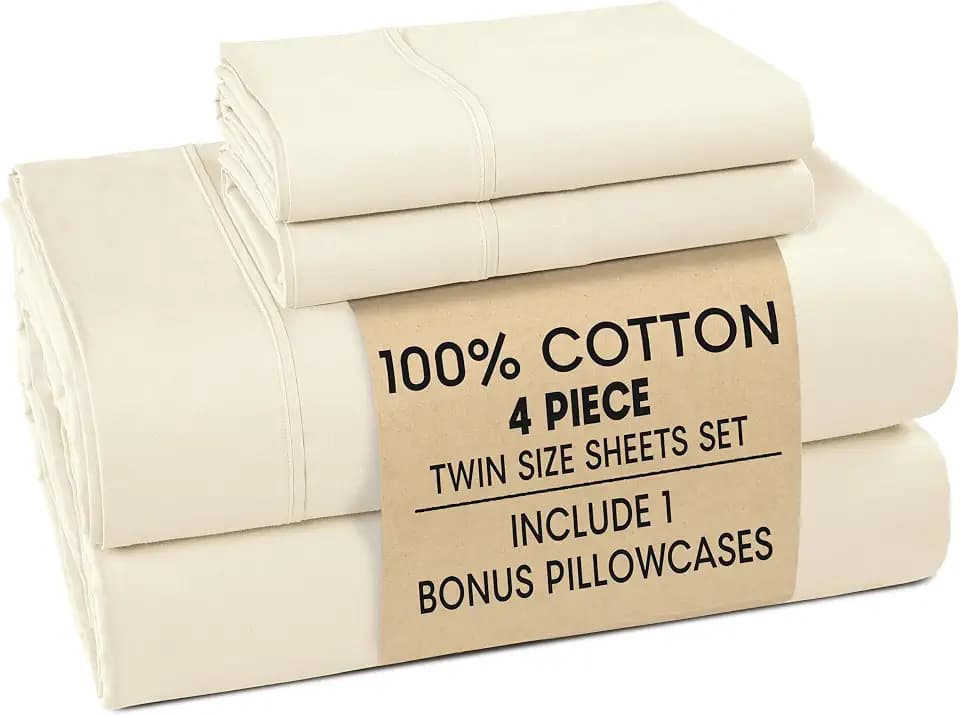 Casa Platino Twin Bed Sheets – Breathable 4 Piece Percale Cooling Twin Sheets with Crisp Feel, with 15 Inch Deep Pocket Fitted Sheet, Ultra Soft & Cozy Feel, Fit – Ivory