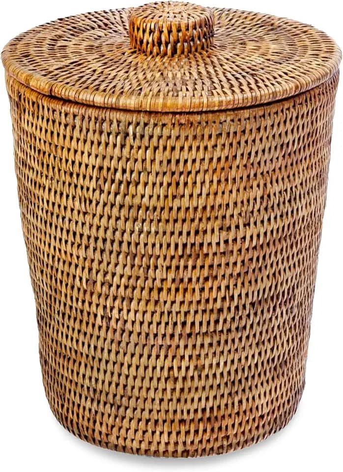 KOUBOO La Jolla Rattan Round Waste Basket With Lid & Plastic Insert, 2 Gallon Woven Wastebasket for Bathroom, Kitchen, Office, Living Room, & Home Decor, Honey Brown