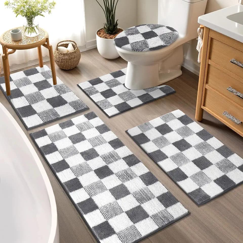 Yamaziot Checkered Bathroom Rug Sets 5 Piece, Washable Non-Slip Bath Mats