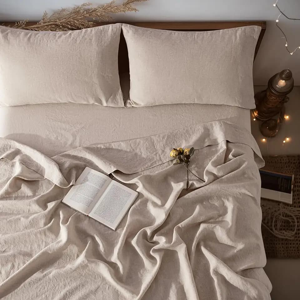 LBRO2M 100% French Pure Linen Sheet Set 4Pcs, 16" Deep Pocket King Size
