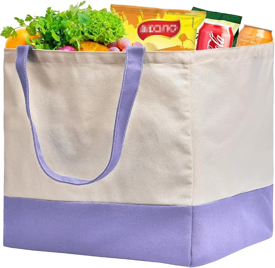 Reusable Grocery Bags Heavy Duty, 8.3 gal Foldable Large Canvas Tote Bag with Handles, Holds 60 lbs Canvas Shopping Bags, 1 Pack(Off White+Light purple)