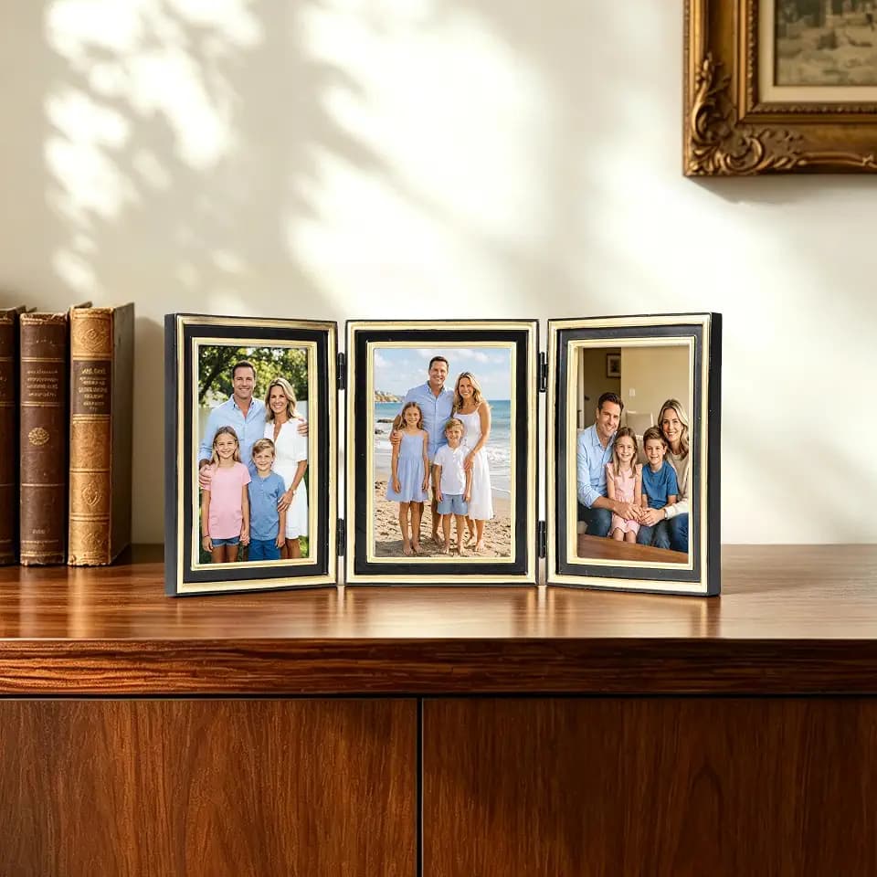 AELS 4x6 Black and Gold Resin Hinged Picture Frame Set, Luxury Antique Photo Frame Collage, Vintage Triple Picture Frames, Trifold Photo Display with Real Glass, Desktop Tabletop Decor, Gift Ideas