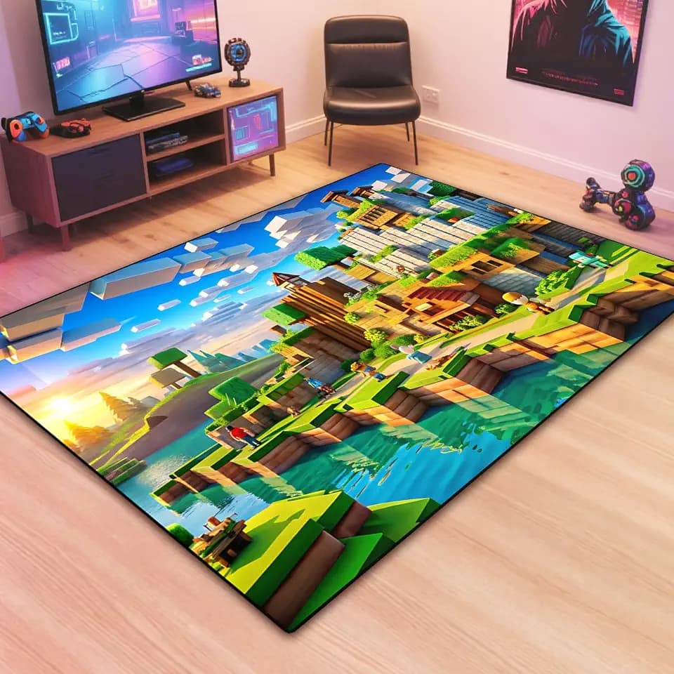 Block Game Rug Teen Kids Carpet, Pixel Games Scene Decoration Mat, Washable Cube Block Game Rugs for Boy's Bedroom Living Room Playroom, Non-Slip Children Gaming Area Rugs, Green Village, 60" x 40"